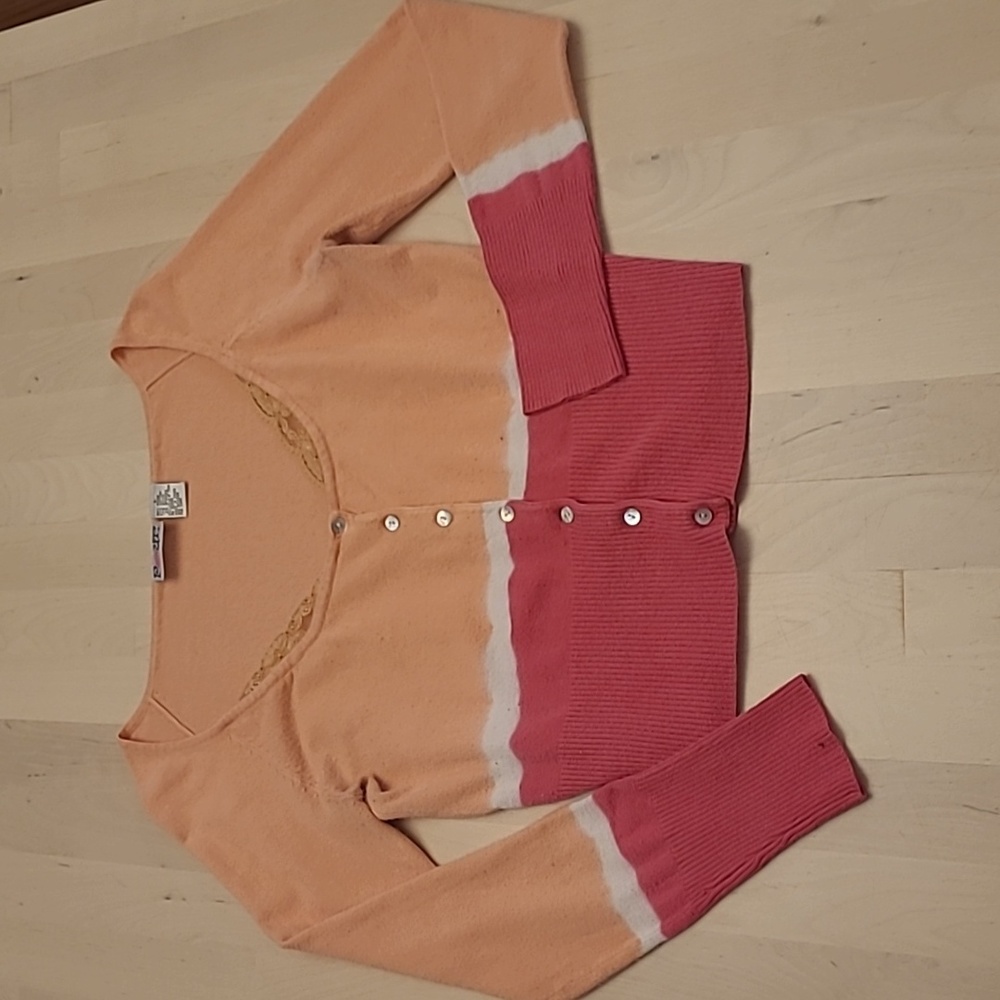 POUT Y2K Peach, White, and Pink Dainty Lace Detail Button Front Cardigan